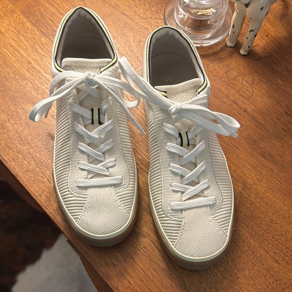 Rothy's Shoes - Rothy's Cream Knit Lace-Up Sneakers with Subtle Black & Yellow Trim